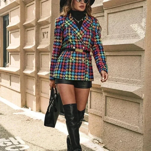 Multicolor Casual Women's Colored Houndstooth Print Lapel Long Sleeve Wool Coat - Picture 4 of 6
